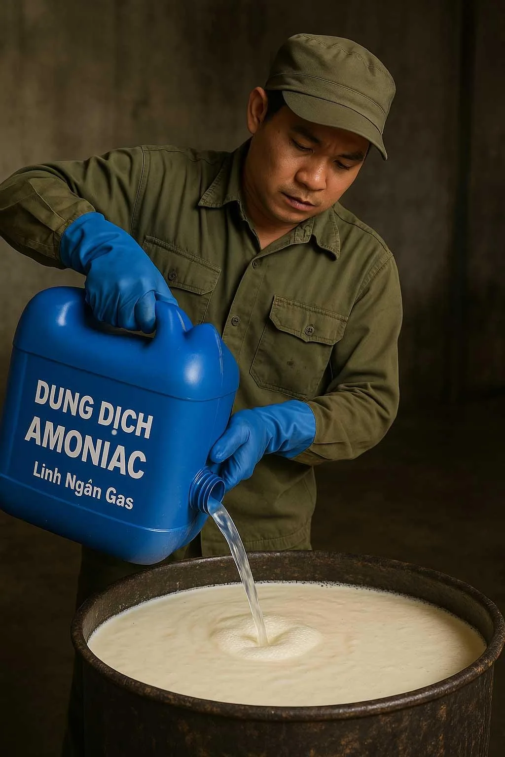 Công nhân đang cẩn thận rót dung dịch Amoniac từ can nhựa vào thùng lớn chứa mủ cao su tươi tại điểm thu mua