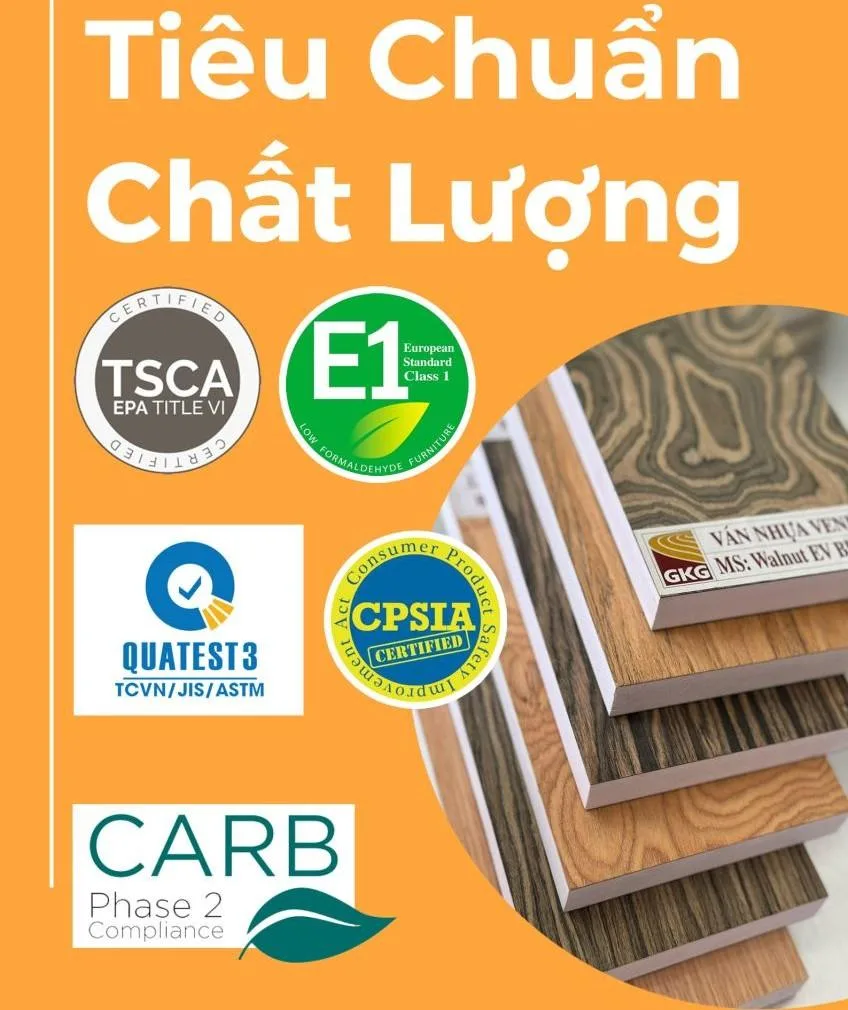chứng nhận tiêu chuẩn quốc tế E1, CARB P2, F*** về mức phát thải formaldehyde thấp, đảm bảo an toàn cho sản phẩm keo dán gỗ ván ép, MDF chất lượng cao
