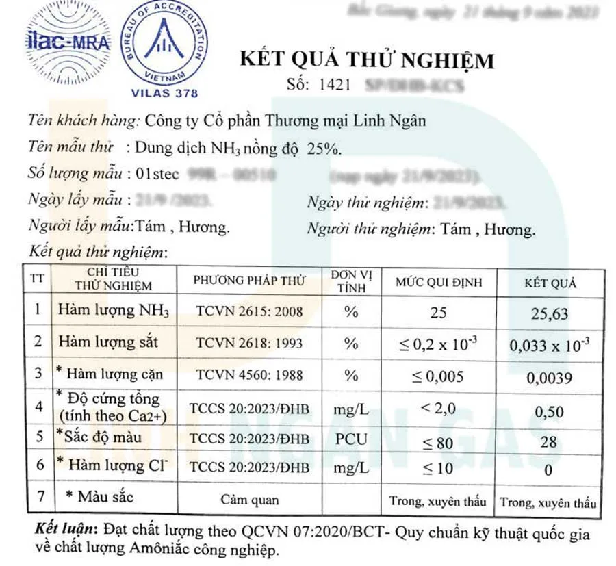 Mẫu giấy chứng nhận phân tích COA của dung dịch Amoni Hydroxit, liệt kê các chỉ tiêu chất lượng và kết quả kiểm nghiệm.