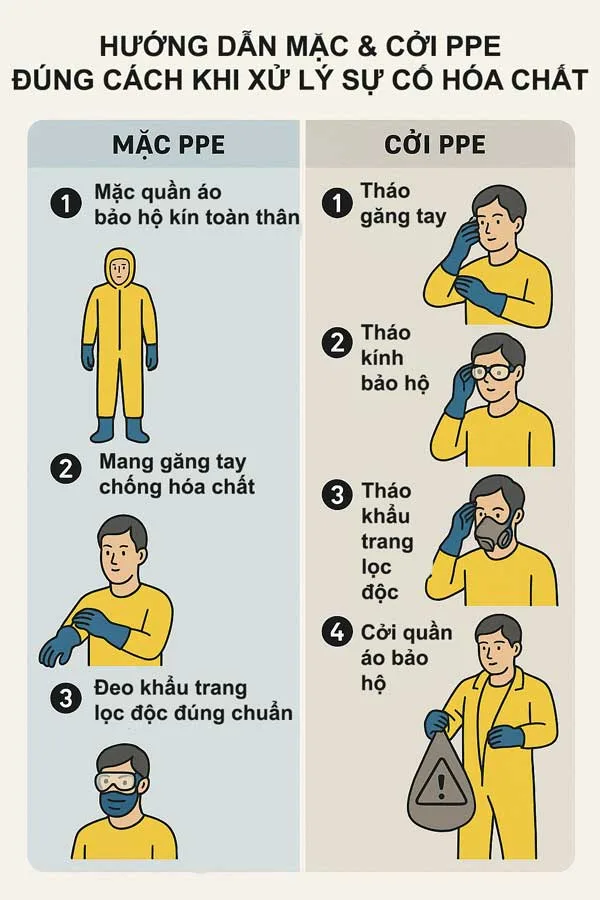 Hướng dẫn mặc và cởi PPE đúng cách khi xử lý sự cố hóa chất