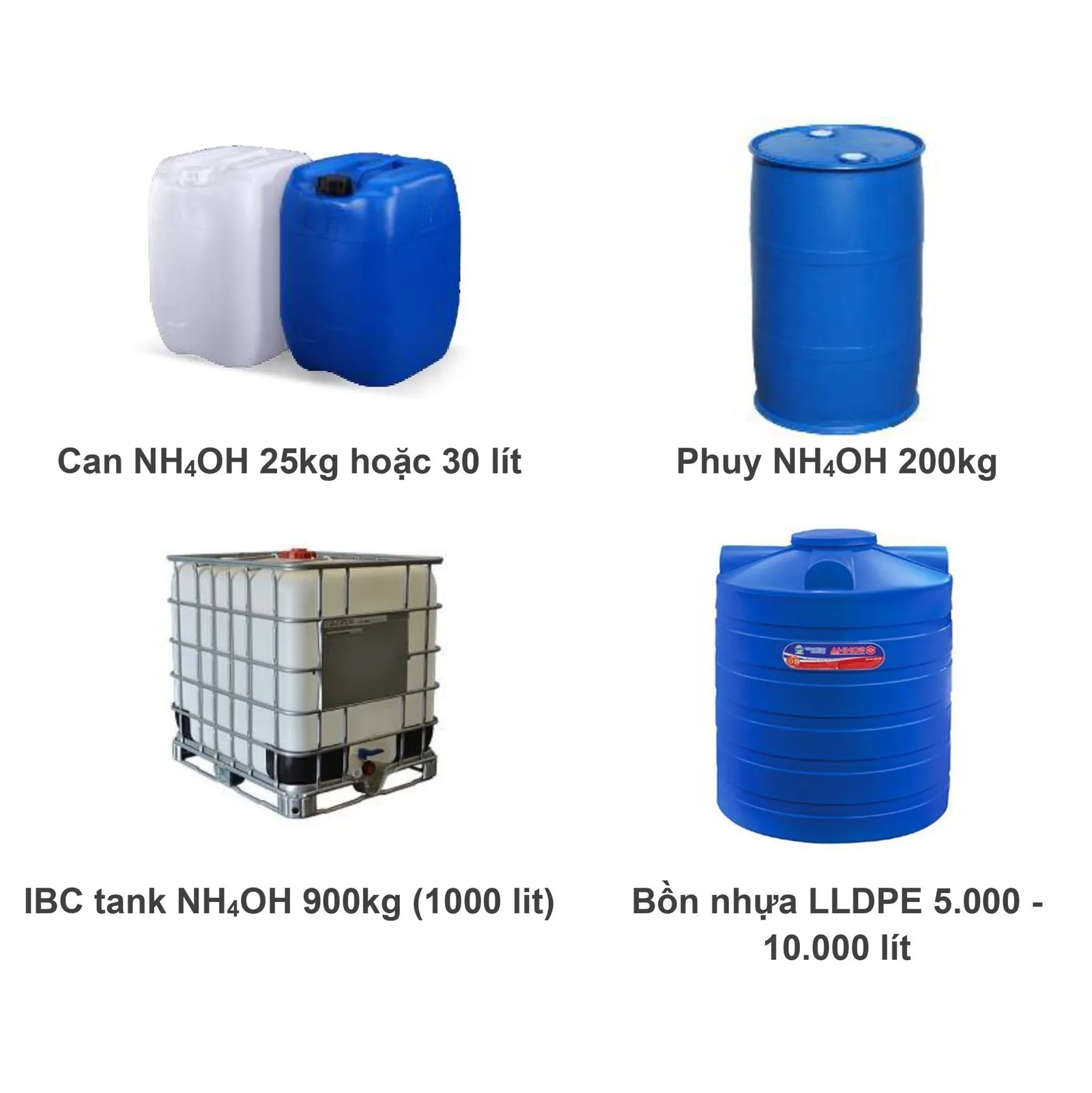 các loại bao bì công nghiệp Can nhựa HDPE, Phuy nhựa xanh và Tank IBC trắng chứa dung dịch Amoniac NH4OH chất lượng cao do Linh Ngân Gas cung cấp