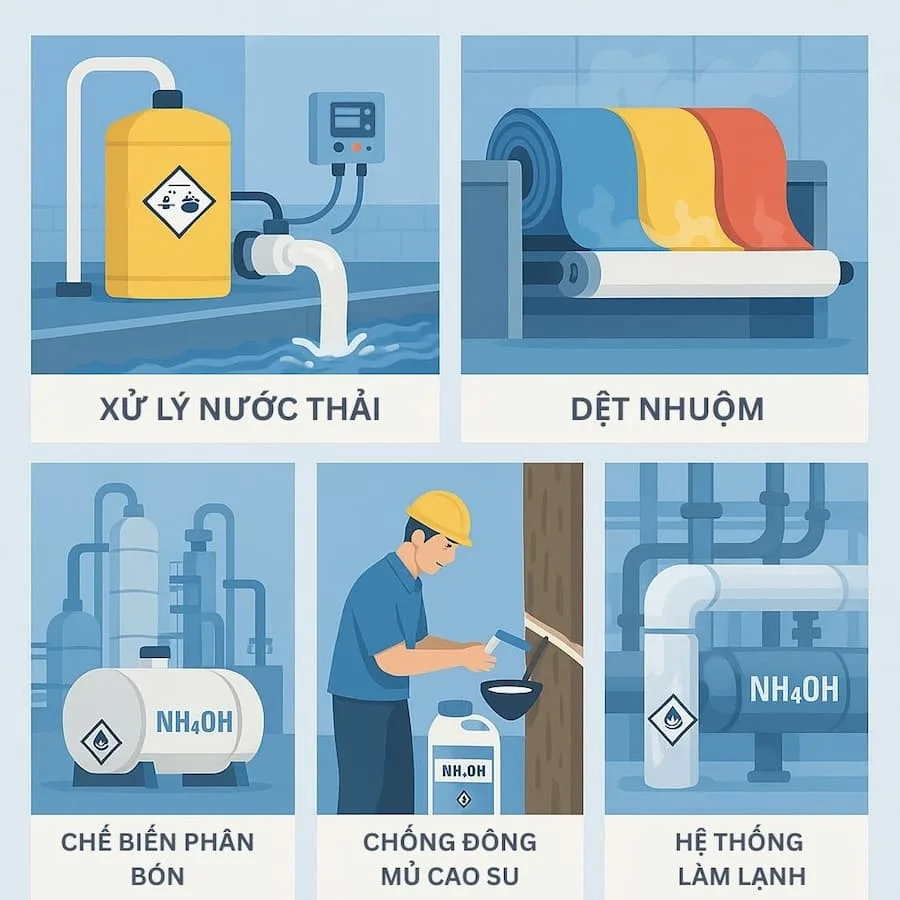 các ứng dụng đa dạng của dung dịch Amoniac NH4OH trong công nghiệp như xử lý nước, dệt nhuộm, sản xuất keo dán, phân bón, cao su và làm lạnh.